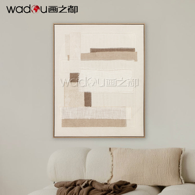 Framed Art-Cotton Fabric Flat Printing and Frayed Edge Linen with Embroidery& PS Frame