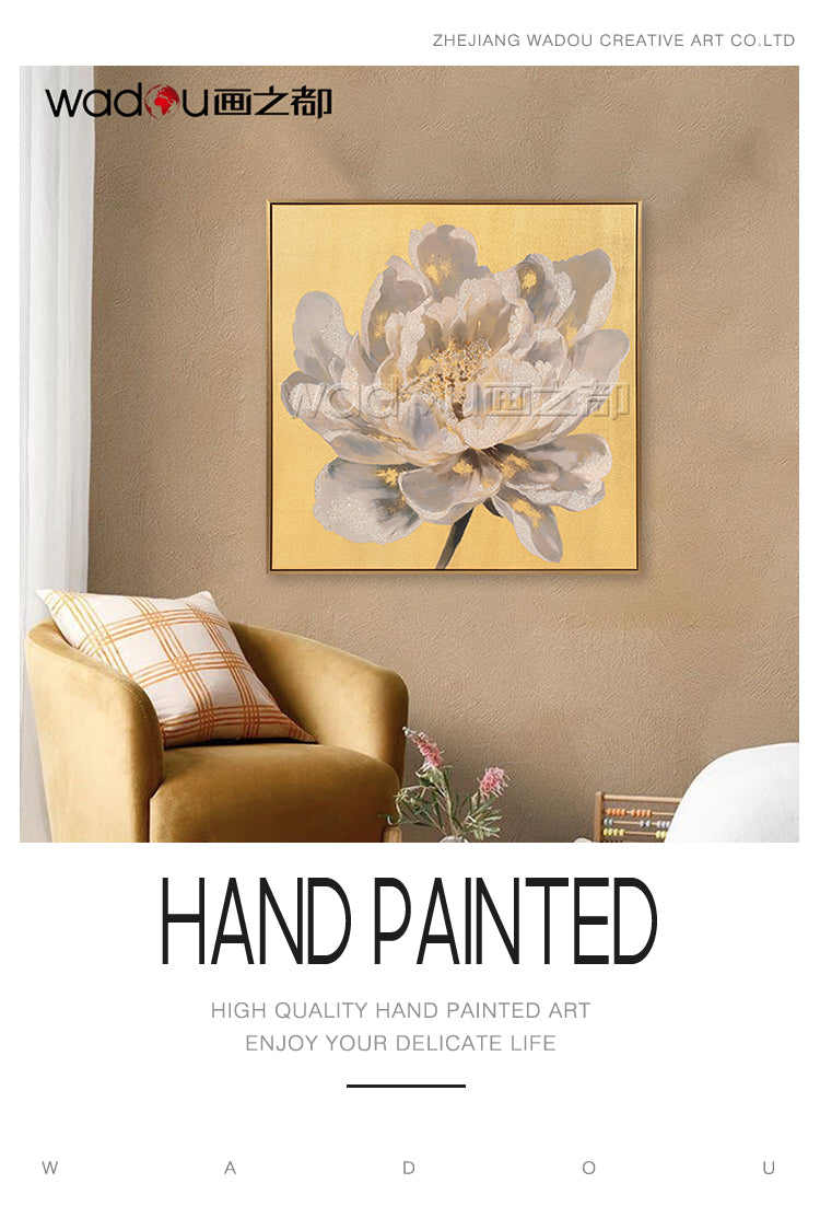 Flower Framed Art -Gold Canvas Printed with Gold Silver Drill & PS Frame