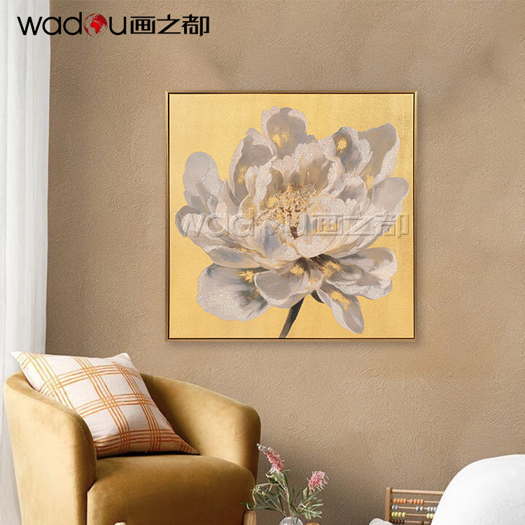 Flower Framed Art -Gold Canvas Printed with Gold Silver Drill & PS Frame
