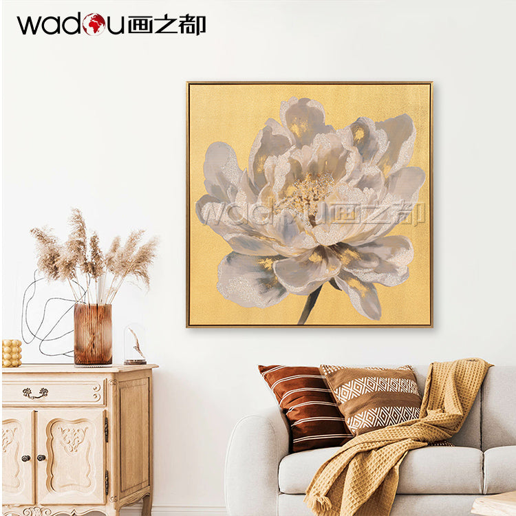 Flower Framed Art -Gold Canvas Printed with Gold Silver Drill & PS Frame