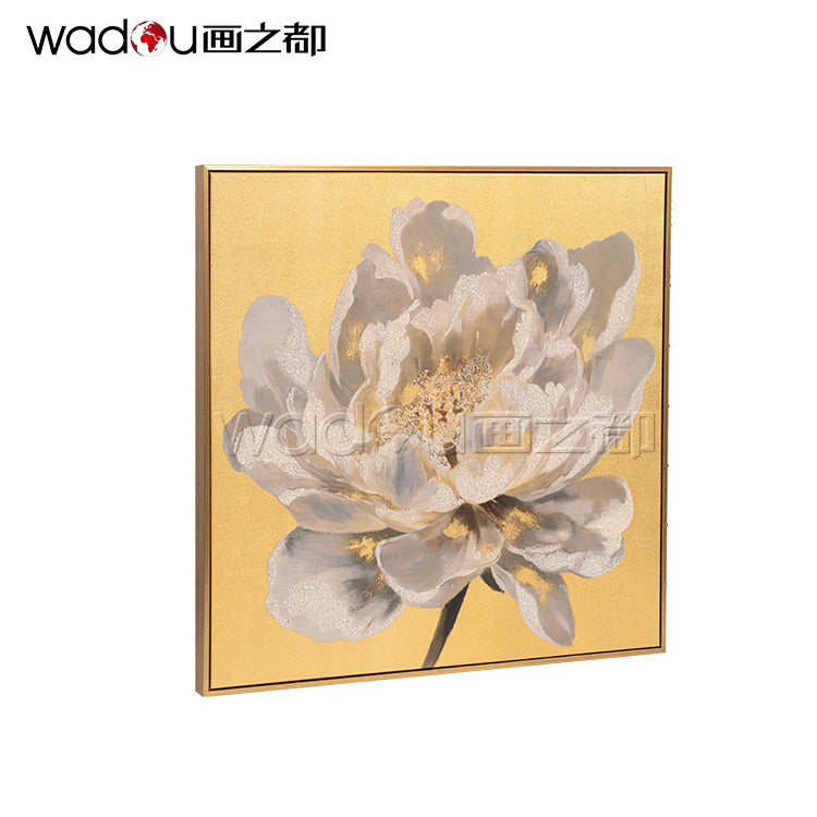 Flower Framed Art -Gold Canvas Printed with Gold Silver Drill & PS Frame