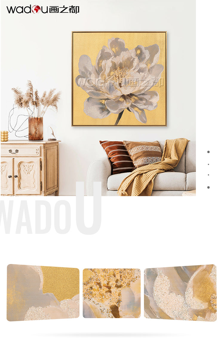 Flower Framed Art -Gold Canvas Printed with Gold Silver Drill & PS Frame