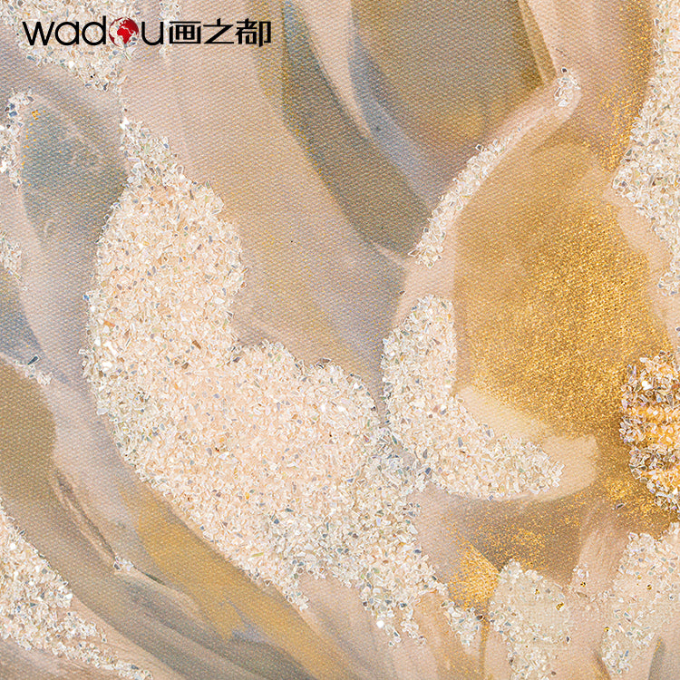 Flower Framed Art -Gold Canvas Printed with Gold Silver Drill & PS Frame